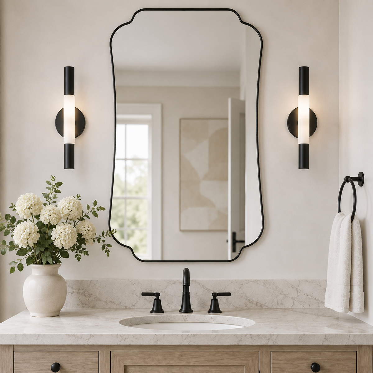 Contemporary Cut Corner Concave Edge Scalloped Bathroom Mirror | Stainless Steel Frame