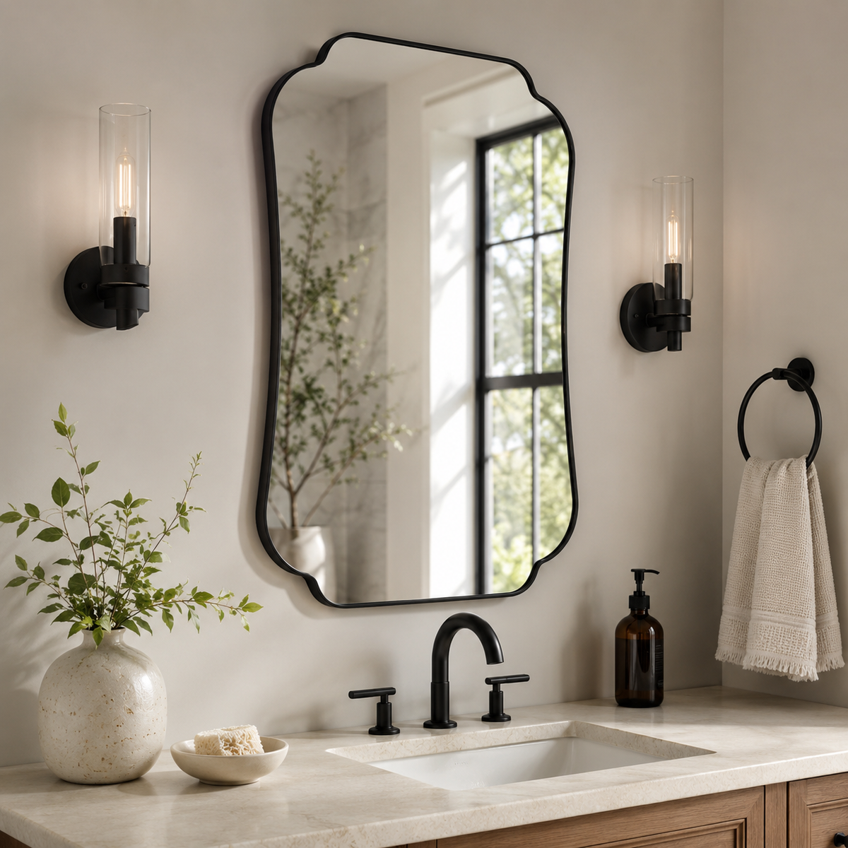 Contemporary Cut Corner Concave Edge Scalloped Bathroom Mirror | Stainless Steel Frame