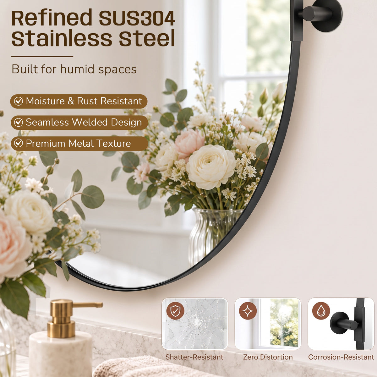 Oval Pivot Mirrors Adjustable Tilting Angle Floating Bathroom Mirror| Stainless Steel Framed