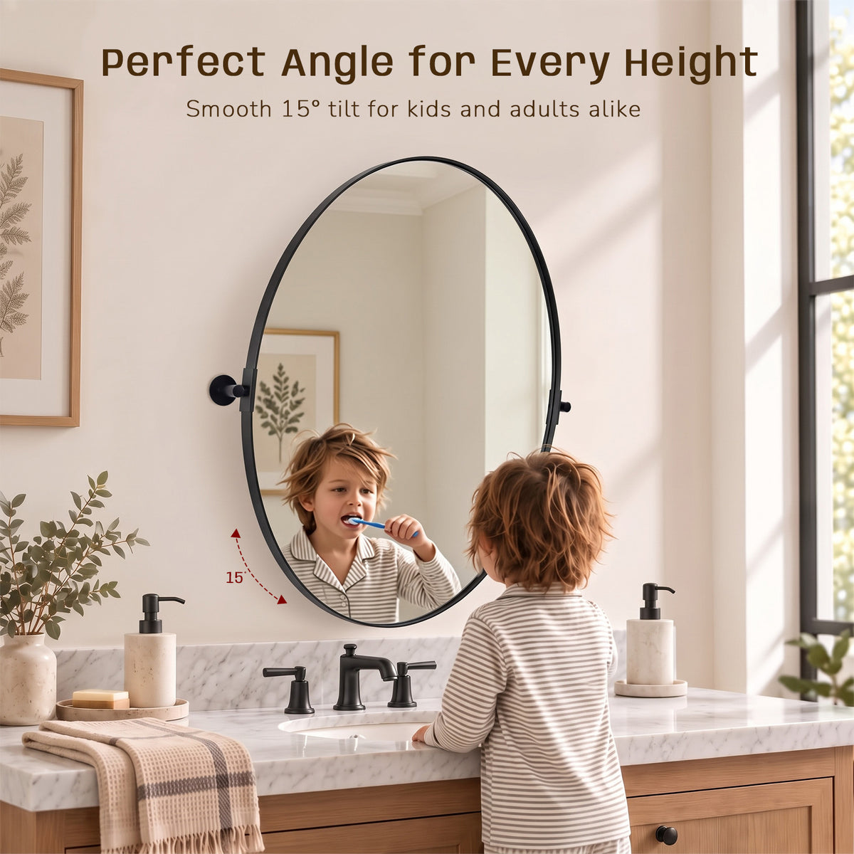 Oval Pivot Mirrors Adjustable Tilting Angle Floating Bathroom Mirror| Stainless Steel Framed