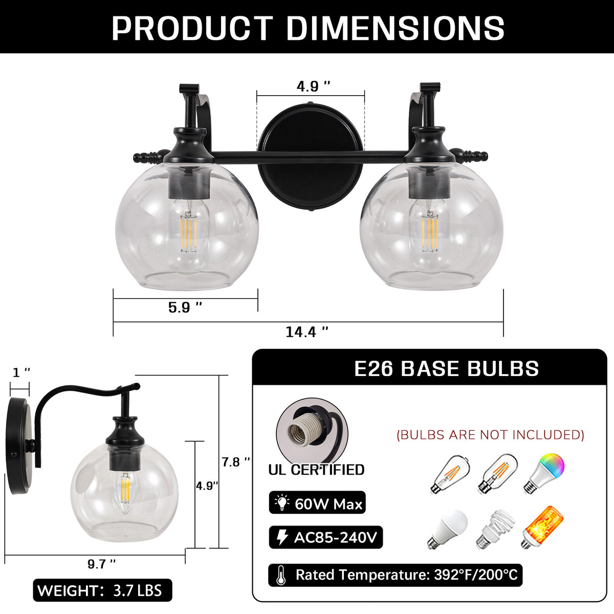 Modern Clear Globe Glass Shade Metal Crank Frame Bathroom Sconces