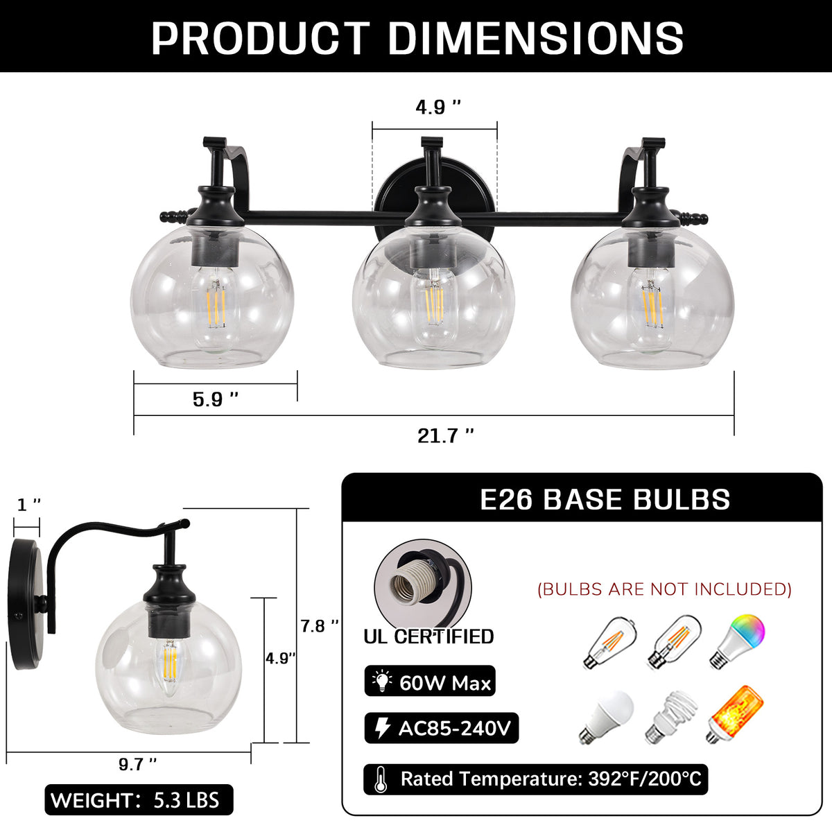 Modern Clear Globe Glass Shade Metal Crank Frame Bathroom Sconces