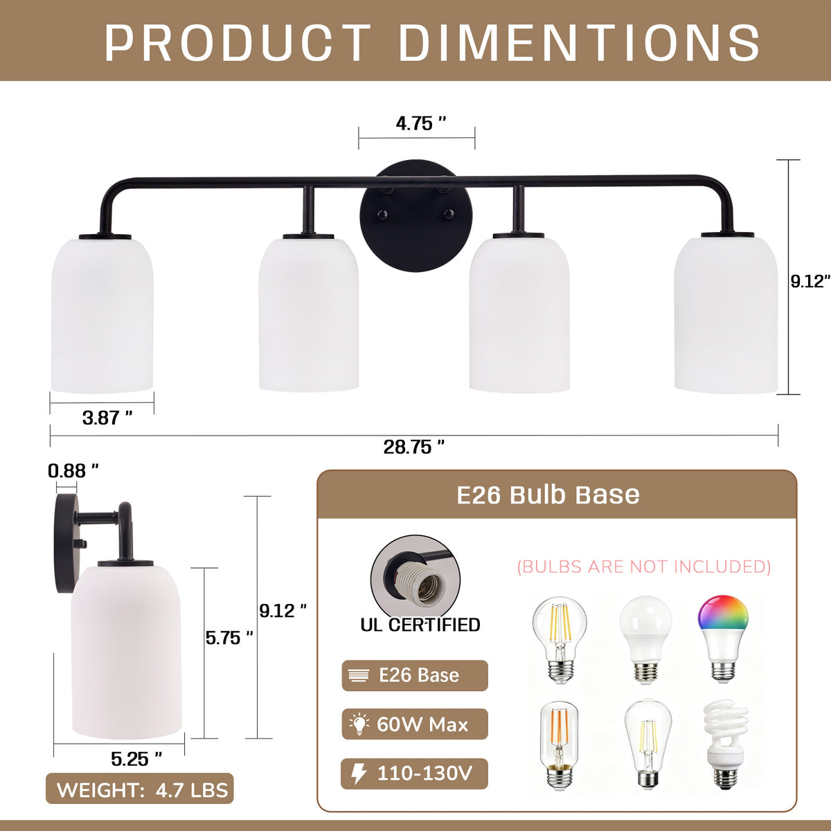 Modern Milk Glass Shade Bathroom Vanity Light