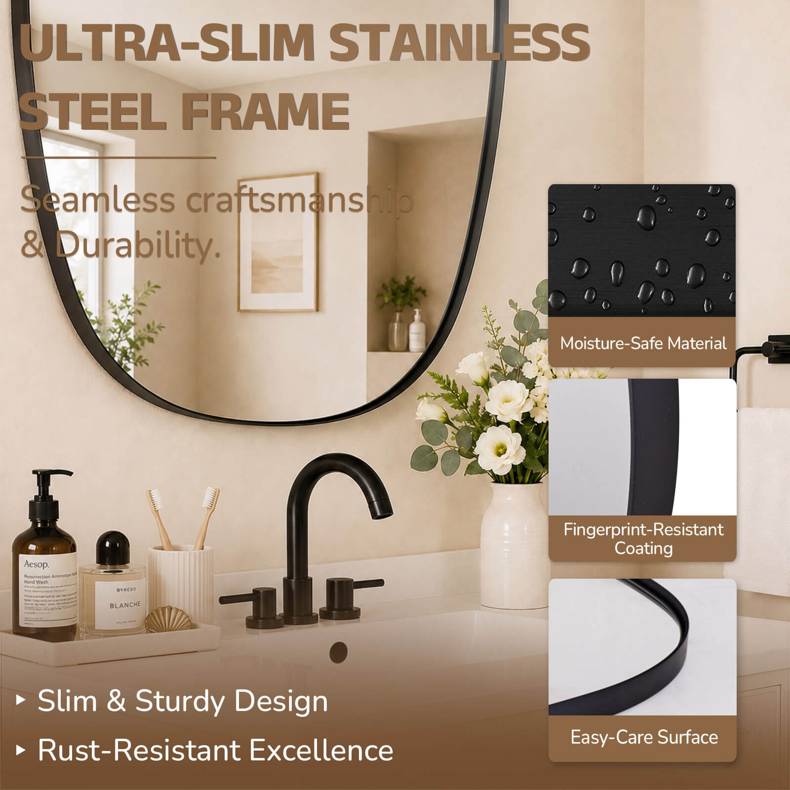 Contemporary Irregular Organic Bathroom Wall Mirror Asymmetric Decorative Mirror | Stainless Steel Frame