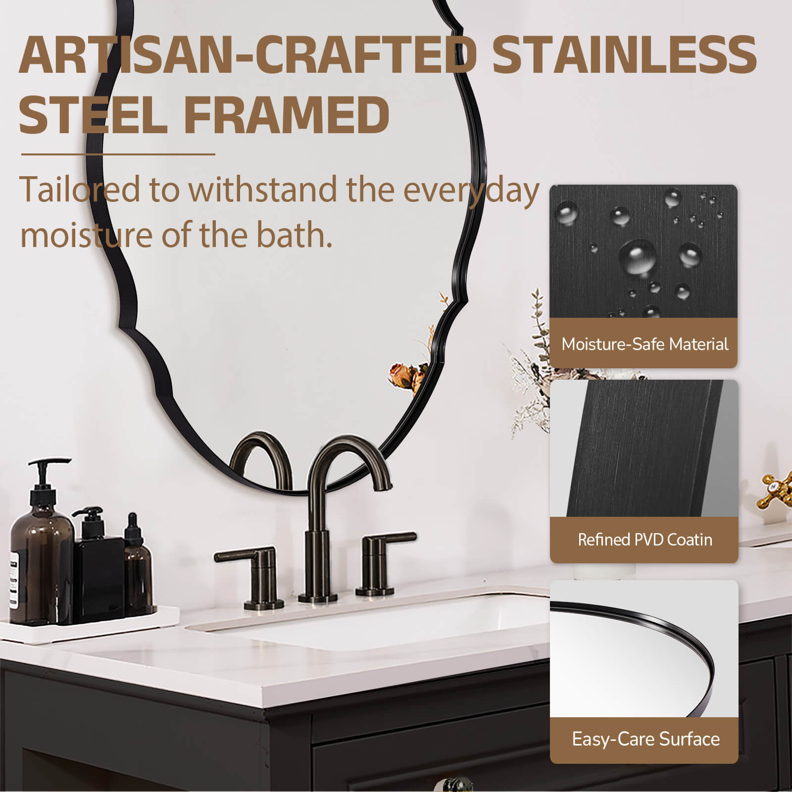 Contemporary Oval Scalloped Wall Mirror Irregular Bathroom Vanity Mirror| Stainless Steel Frame