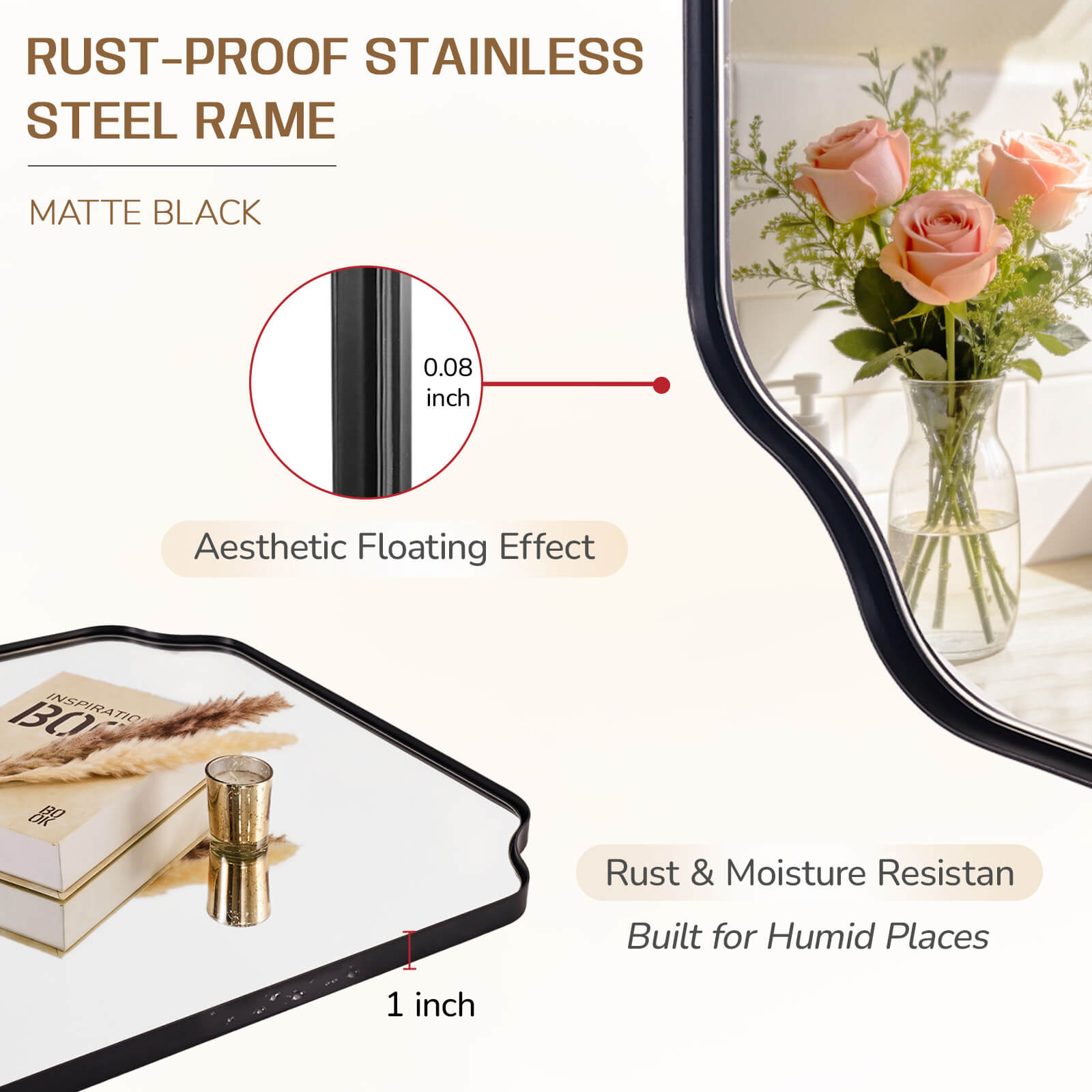 Modern Top Notched Corner Scalloped Bathroom Rectangle Vanity Wall Mirror | Stainless Steel Frame