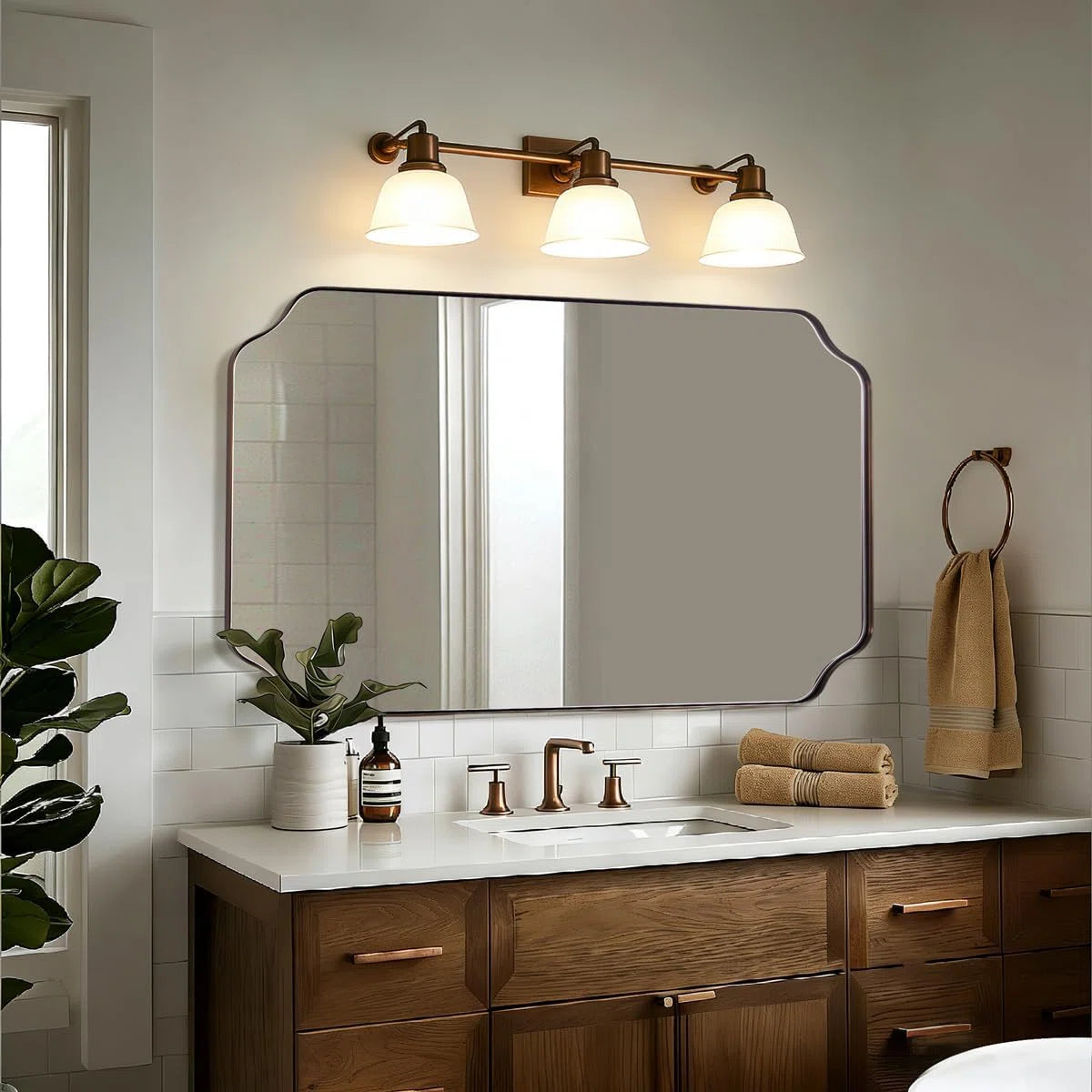 Contemporary Notched Corner Rectangle Scalloped Mirror for Wall /Bathroom | Stainless Steel Frame