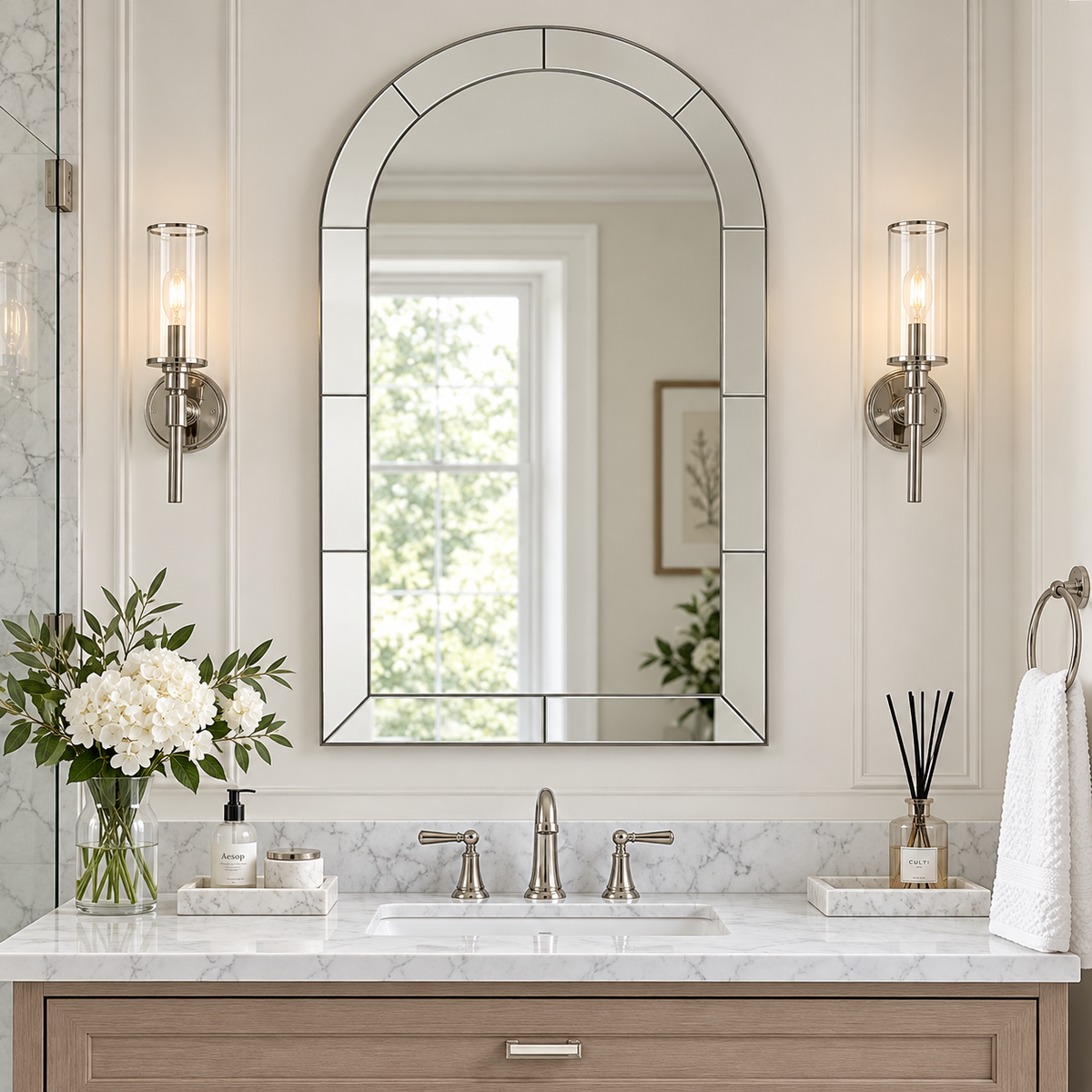 Glass Tile Edge Arched Mirror Bathroom Vanity Mirror | Stainless Steel Frame
