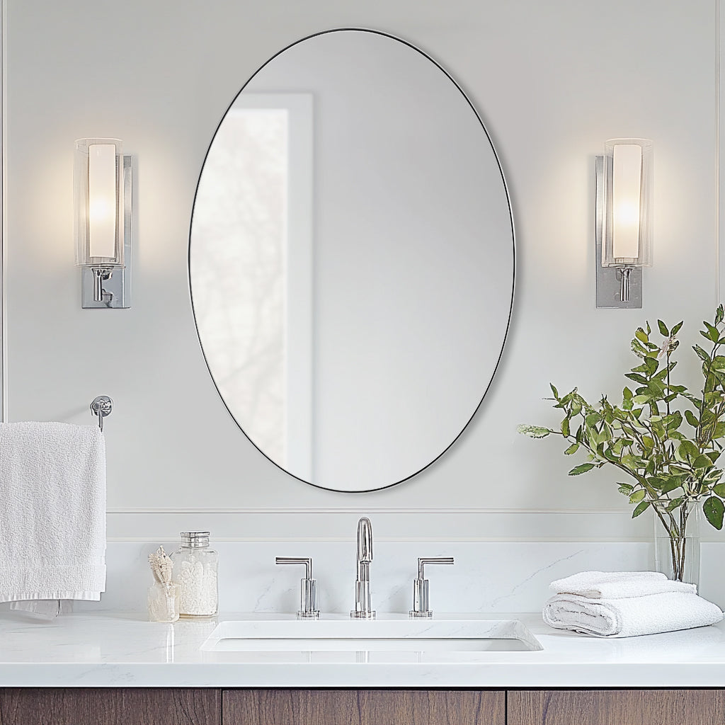 Open Box Like New: Modern Oval Wall Mounted Mirror for Bathroom Living Room | Stainless Steel Framed