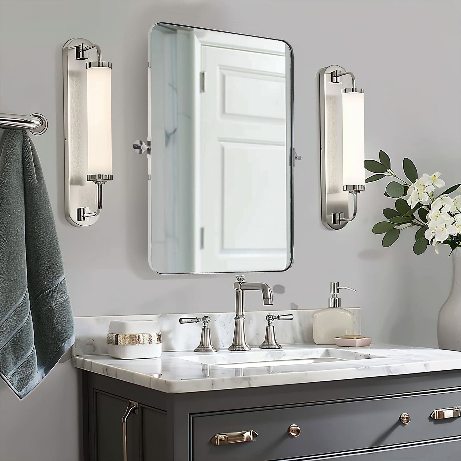 Open Box Like New: Tilting Rectangular Pivot Mirror for Bathroom | Stainless Steel Frame