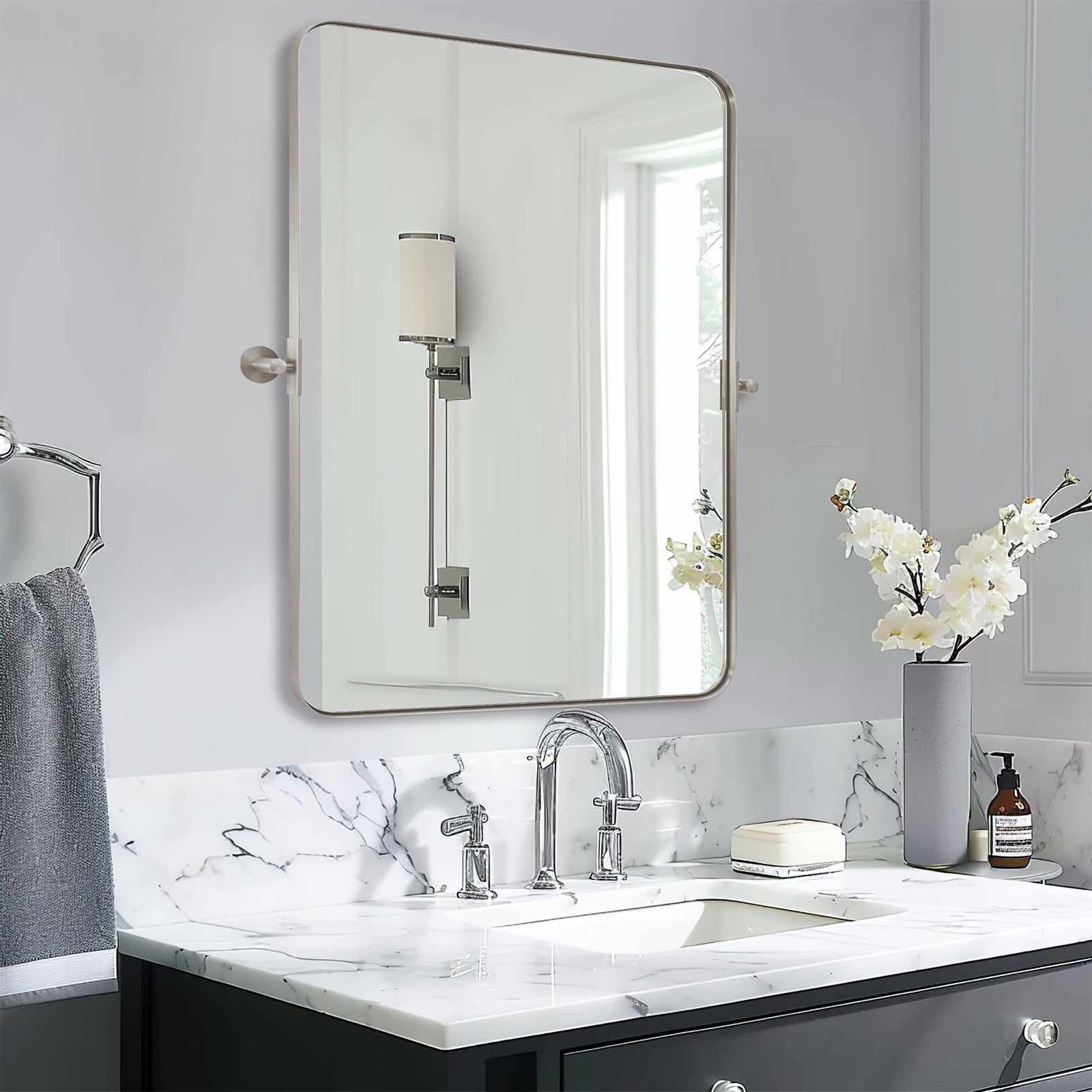 Tilting Rectangular Pivot Mirror for Bathroom/Vanity | Stainless Steel Frame