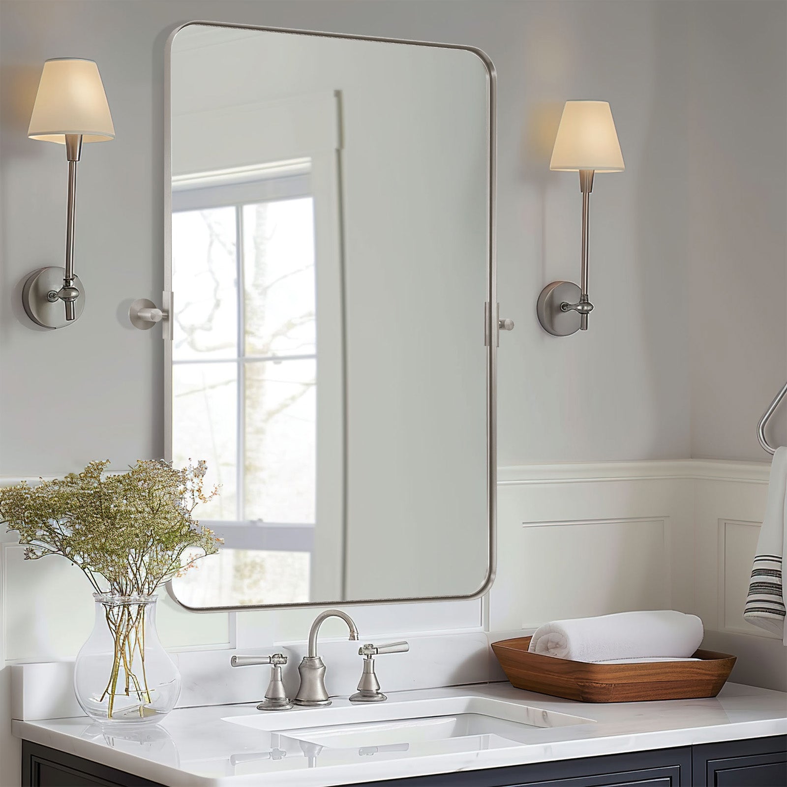Open Box Like New: Tilting Pivot Rectangular Bathroom Mirrors | Stainless Steel Frame