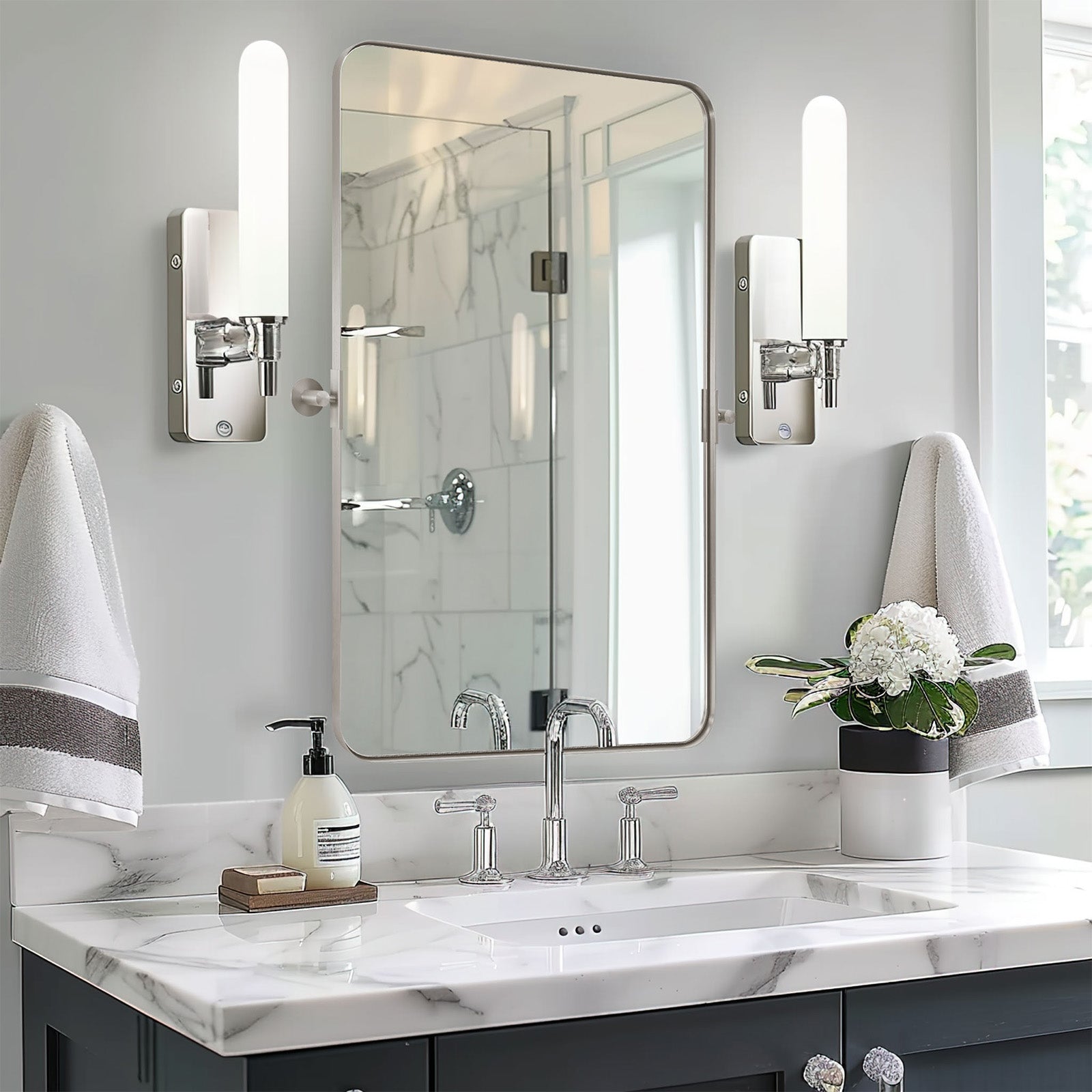 Open Box Like New: Tilting Rectangular Pivot Mirror for Bathroom | Stainless Steel Frame