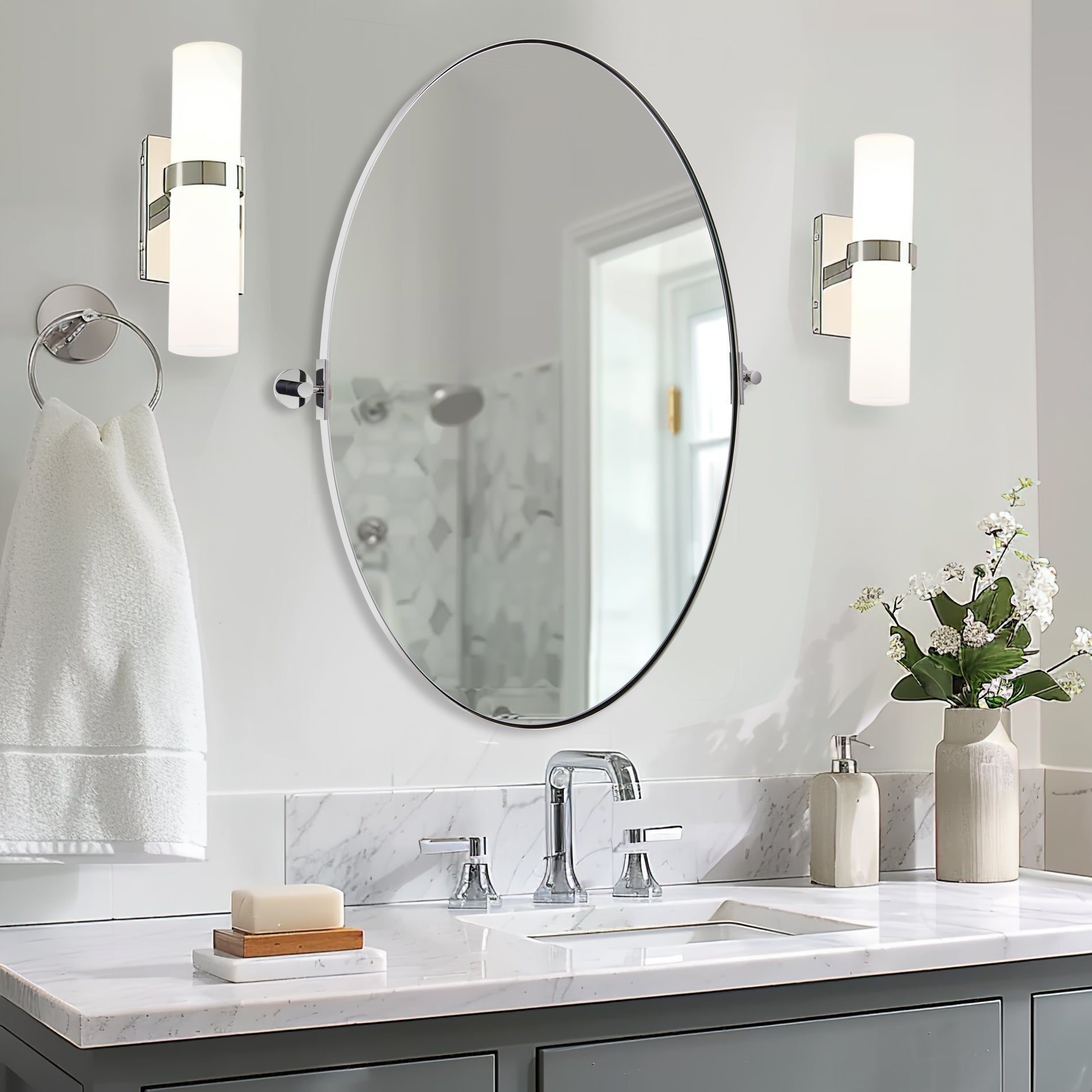 Oval Pivot Mirrors Adjustable Tilting Angle Floating Bathroom Mirror| Stainless Steel Framed