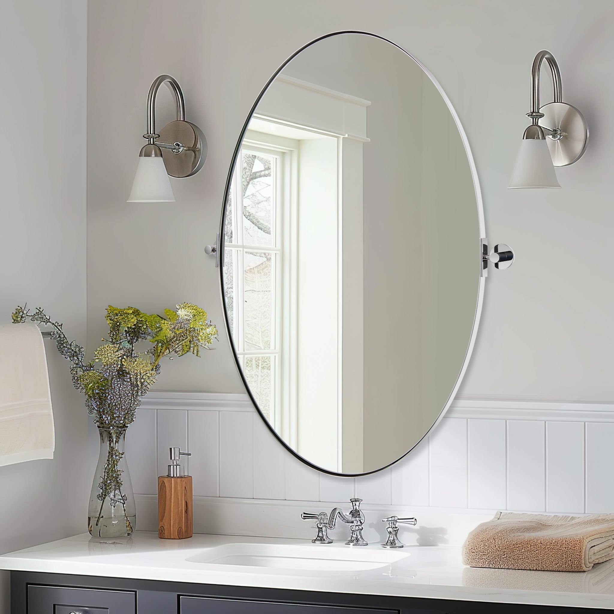 Oval Pivot Mirrors Adjustable Tilting Angle Floating Bathroom Mirror| Stainless Steel Framed