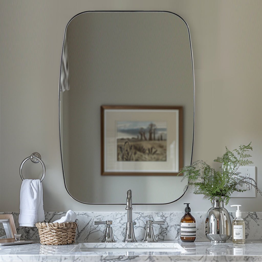 Modern Oblong Bathroom Mirror Long Oval Mirror | Stainless Steel Frame