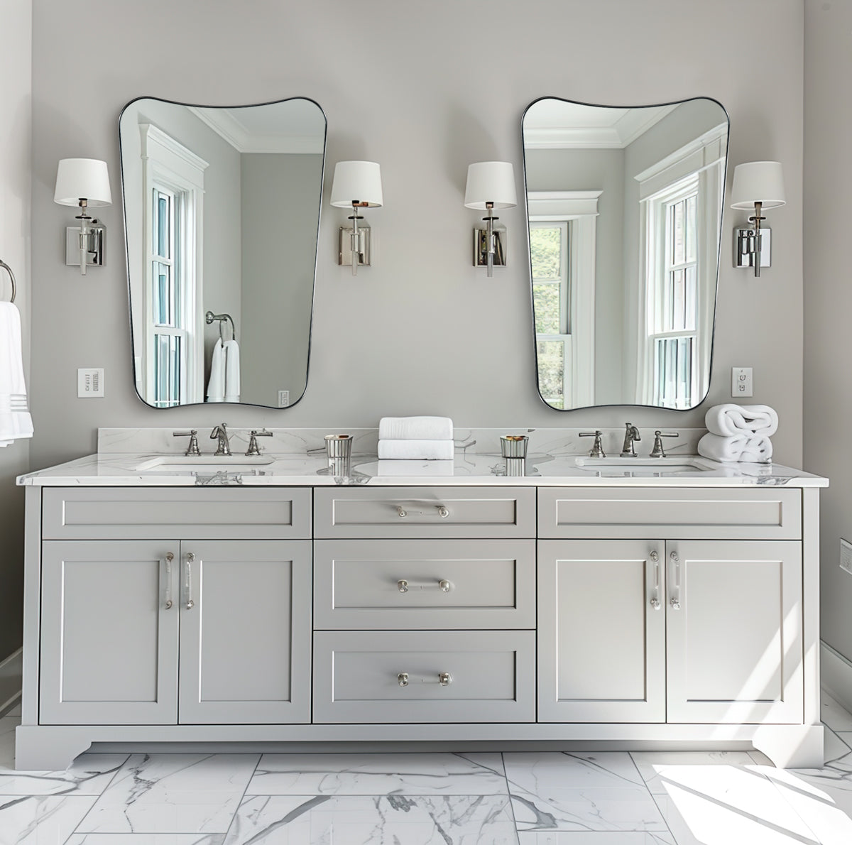 Modern Concave Top Rectangle Irregular Scalloped Bathroom Wall Mirror |Stainless Steel Frame