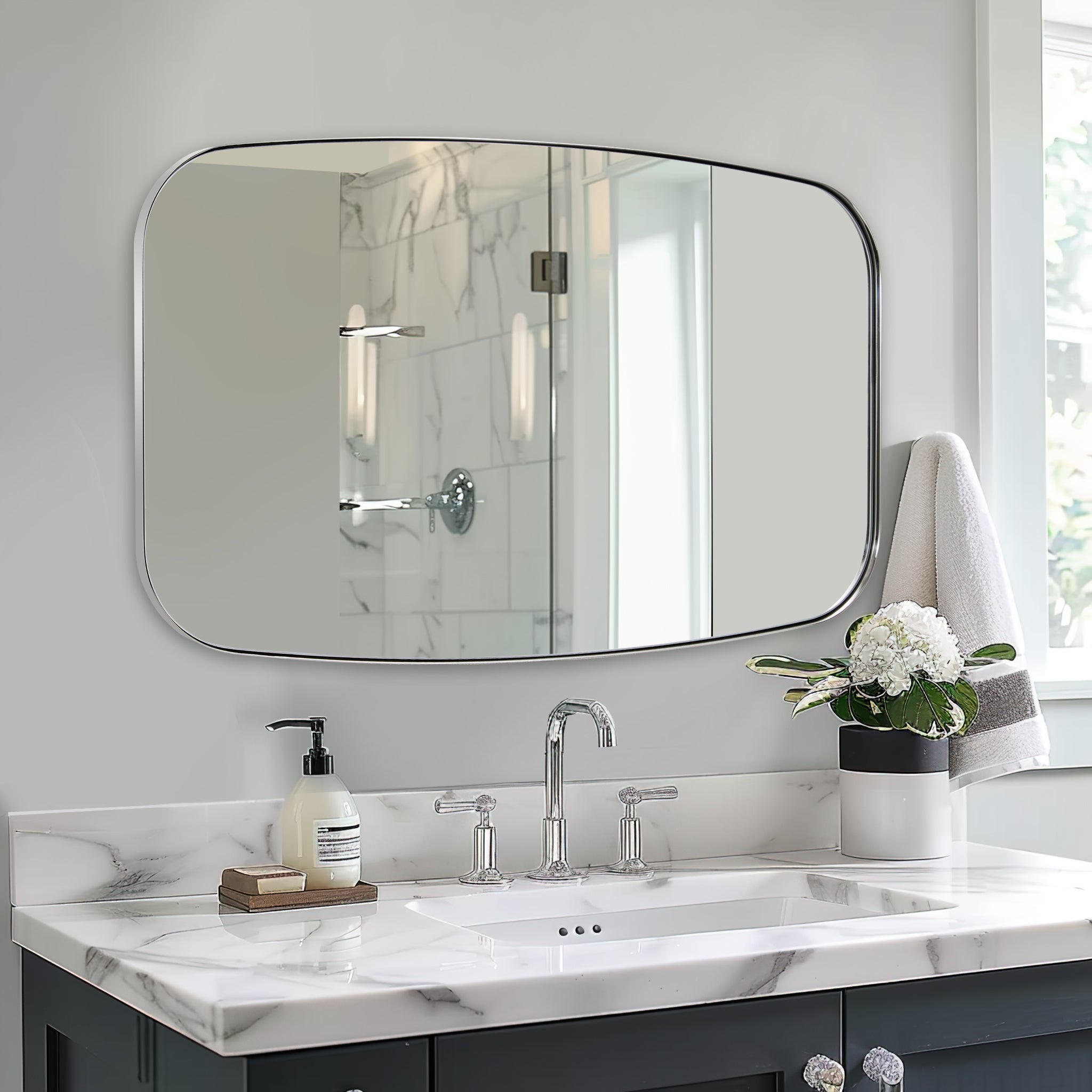 Modern Oblong Bathroom Mirror Long Oval Mirror | Stainless Steel Frame