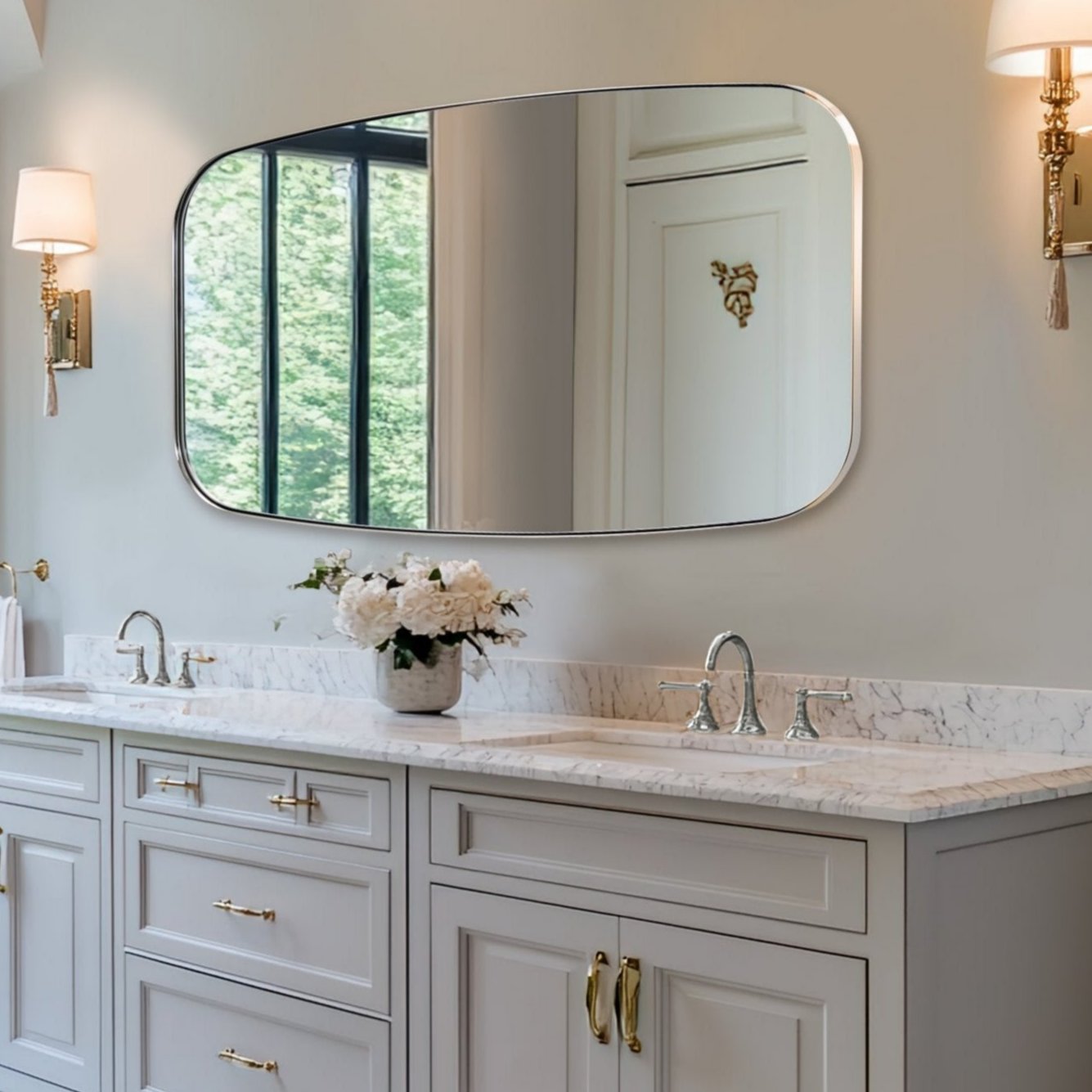 Modern Oblong Bathroom Mirror Long Oval Mirror | Stainless Steel Frame