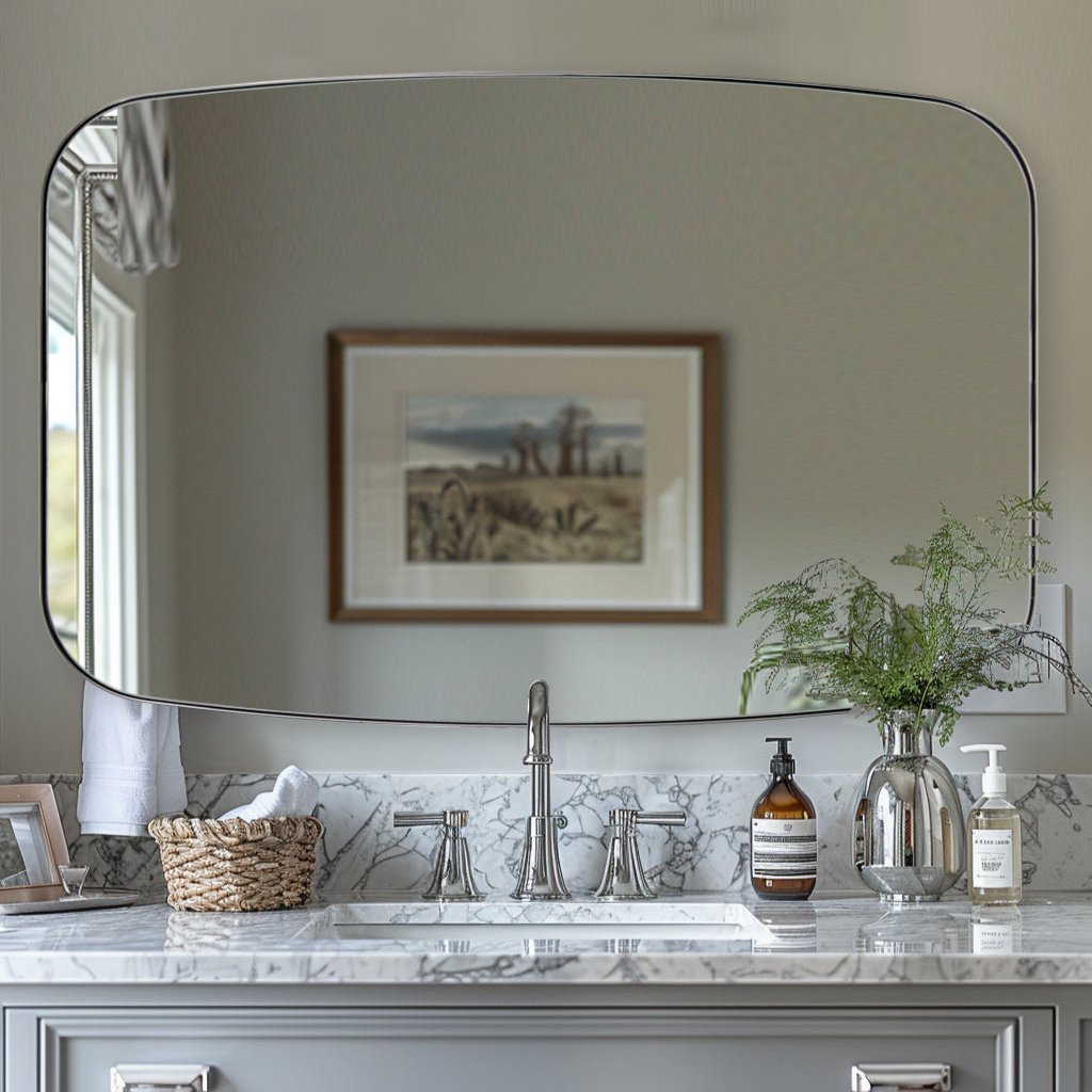 Modern Oblong Bathroom Mirror Long Oval Mirror | Stainless Steel Frame