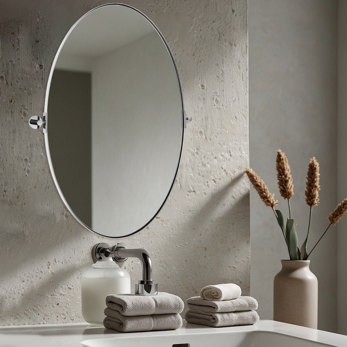 Oval Pivot Mirrors Adjustable Tilting Angle Floating Bathroom Mirror| Stainless Steel Framed