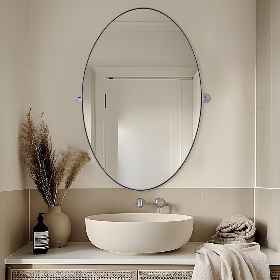 Oval Pivot Mirrors Adjustable Tilting Angle Floating Bathroom Mirror| Stainless Steel Framed