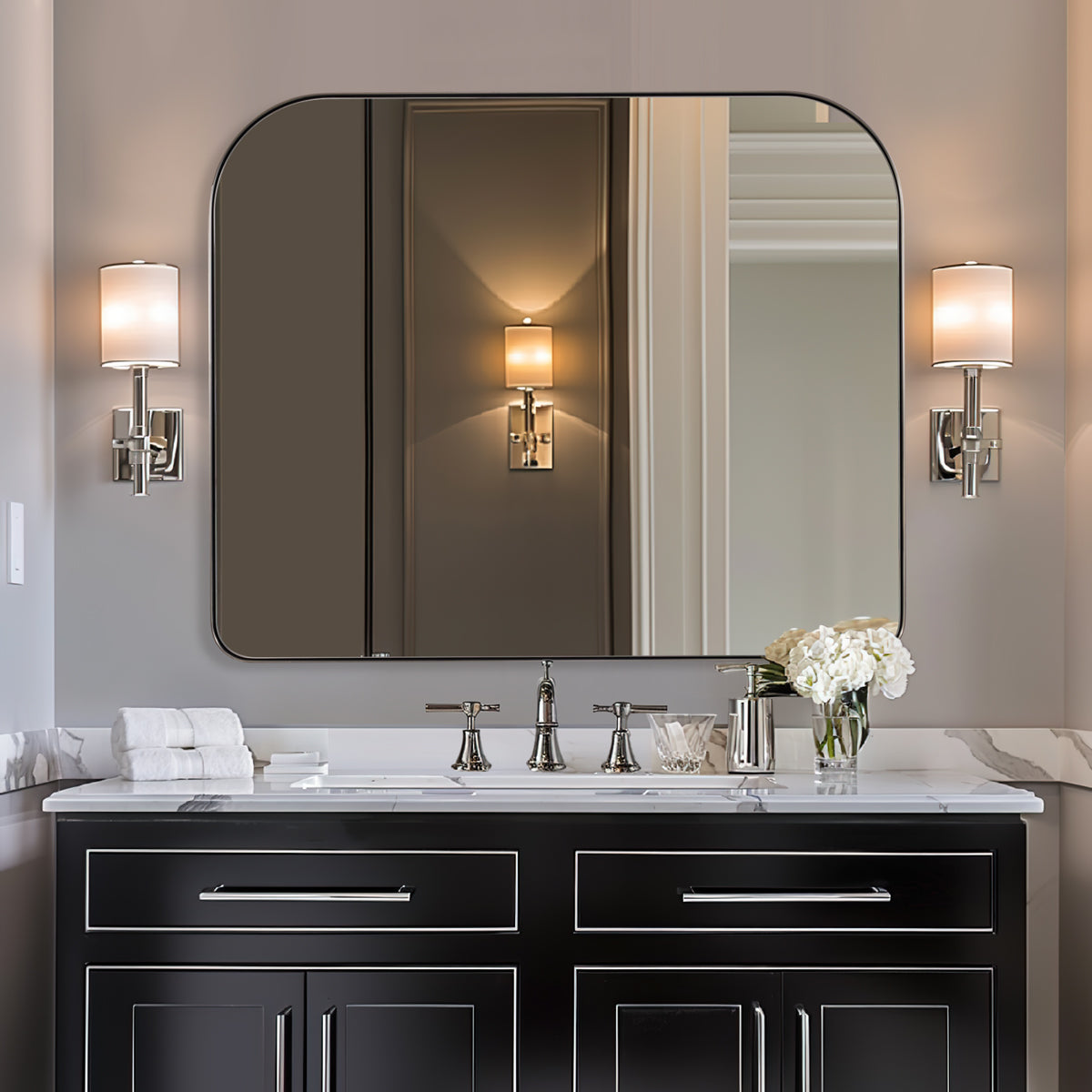 Modern Mantel Wide Arch Rectangle Bathroom Vanity Mirror | Stainless Steel Frame