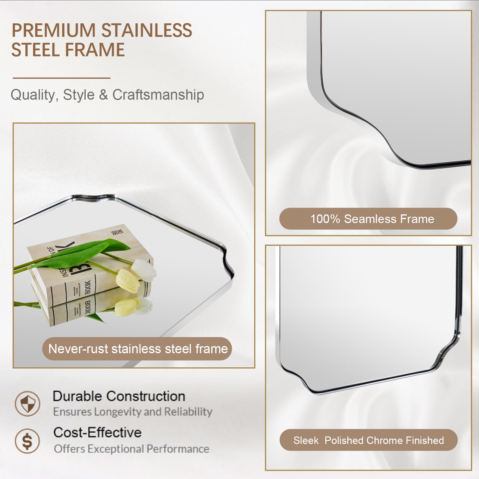 Contemporary Notched Corner Rectangle Scalloped Mirror for Wall /Bathroom | Stainless Steel Frame