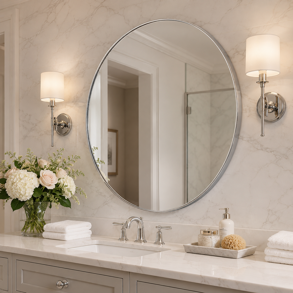Modern Round Bathroom Mirrors Circle Wall Mirror | Stainless Steel Frame