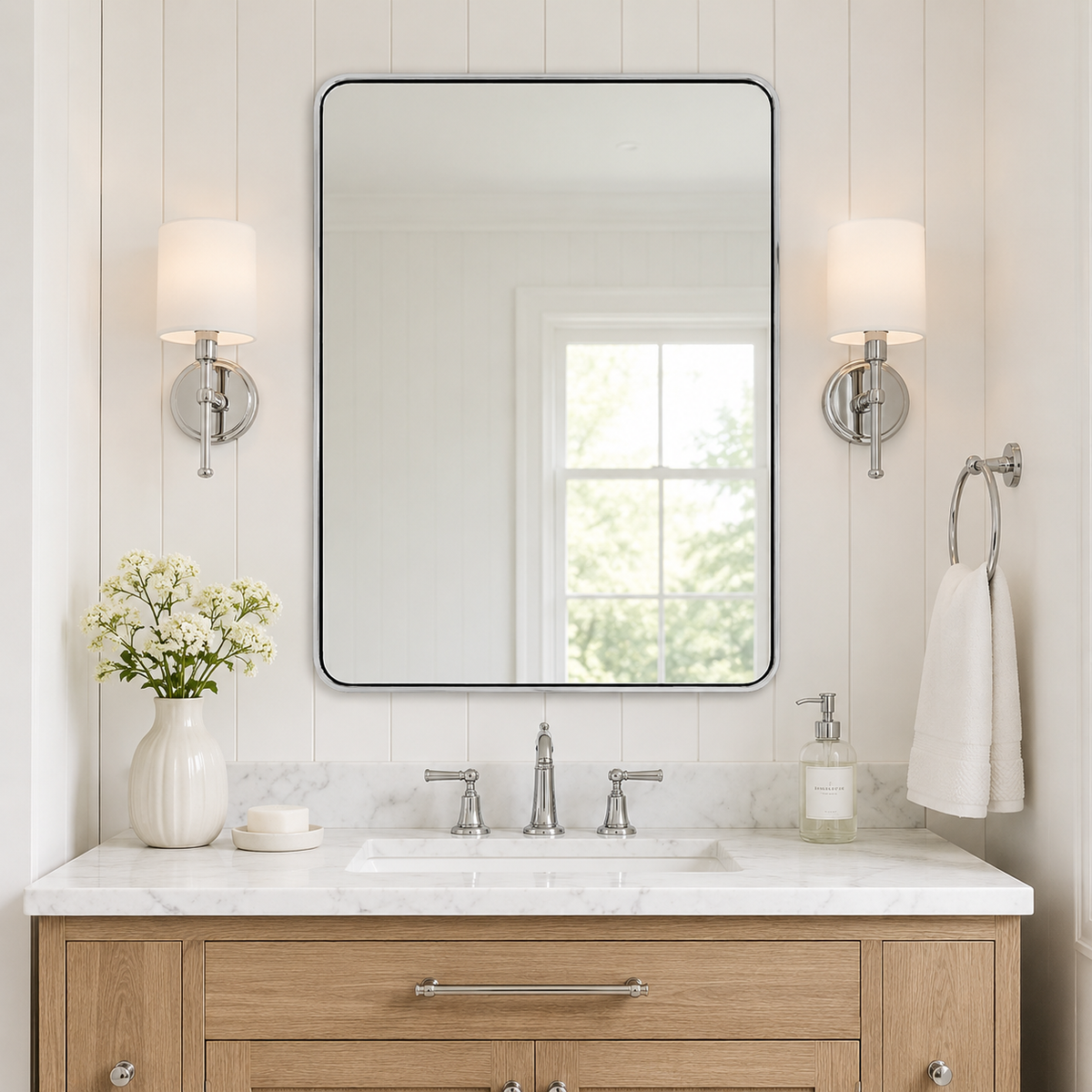 Modern Bold Framed Rectangle Wall Mirrors for Bathroom Wall| Stainless Steel Framed