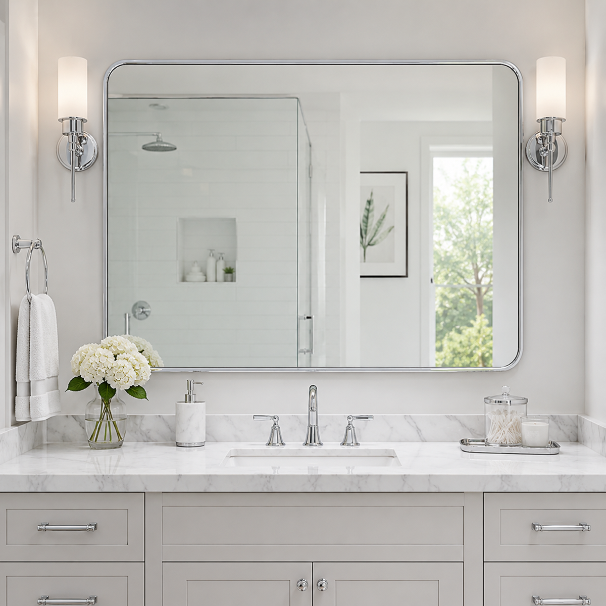 Modern Bold Framed Rectangle Wall Mirrors for Bathroom Wall| Stainless Steel Framed