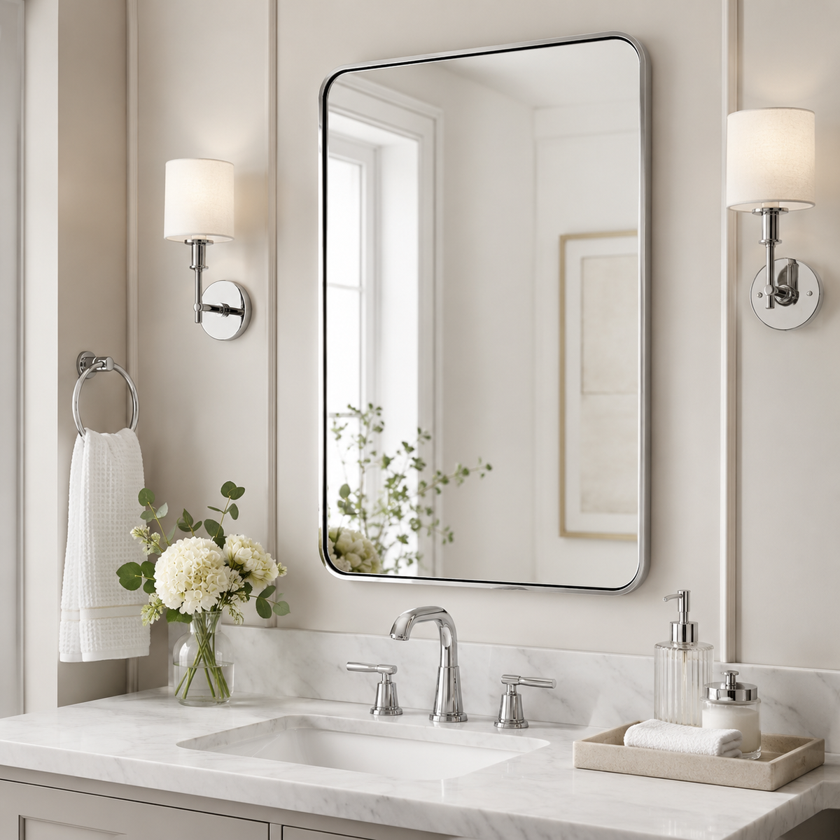Modern Bold Framed Rectangle Wall Mirrors for Bathroom Wall| Stainless Steel Framed