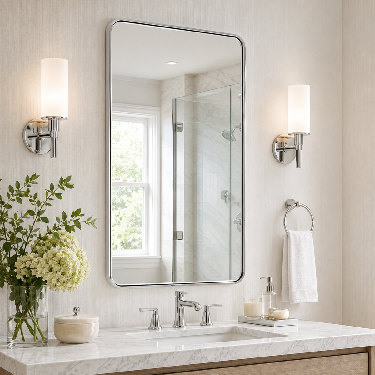 Modern Bold Framed Rectangle Wall Mirrors for Bathroom Wall| Stainless Steel Framed