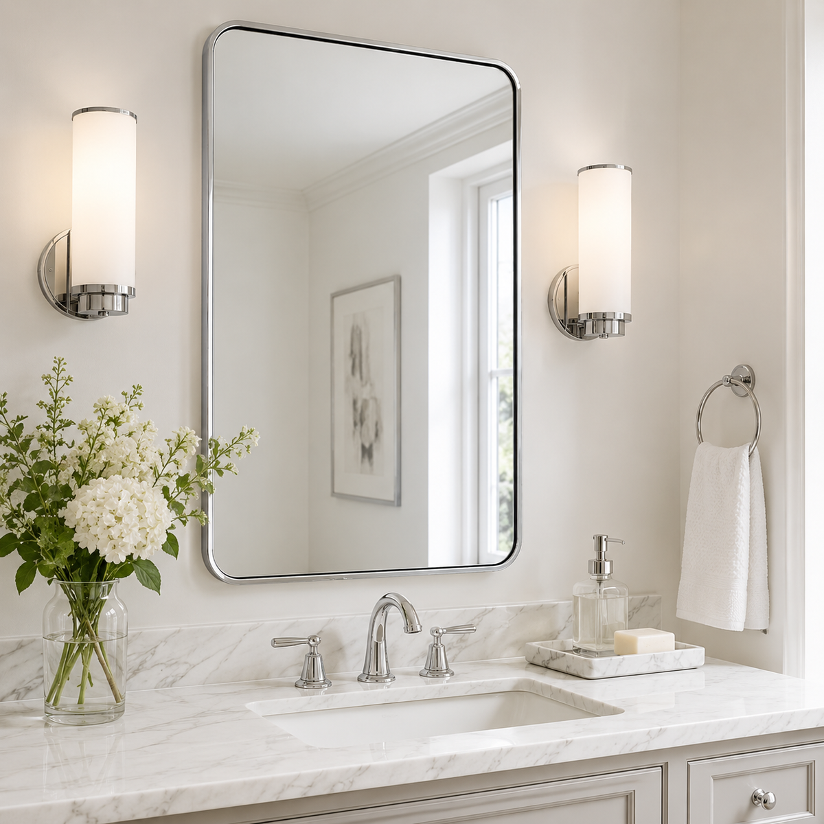 Modern Bold Framed Rectangle Wall Mirrors for Bathroom Wall| Stainless Steel Framed
