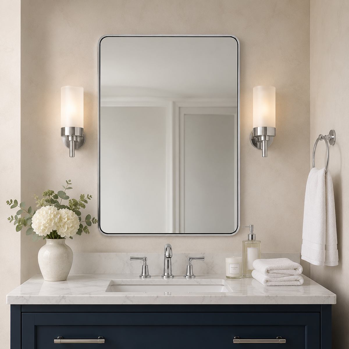 Modern Bold Framed Rectangle Wall Mirrors for Bathroom Wall| Stainless Steel Framed
