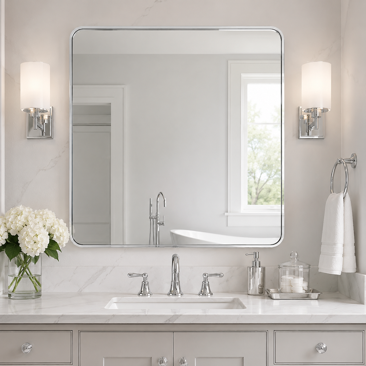 Modern Bold Framed Rectangle Wall Mirrors for Bathroom Wall| Stainless Steel Framed