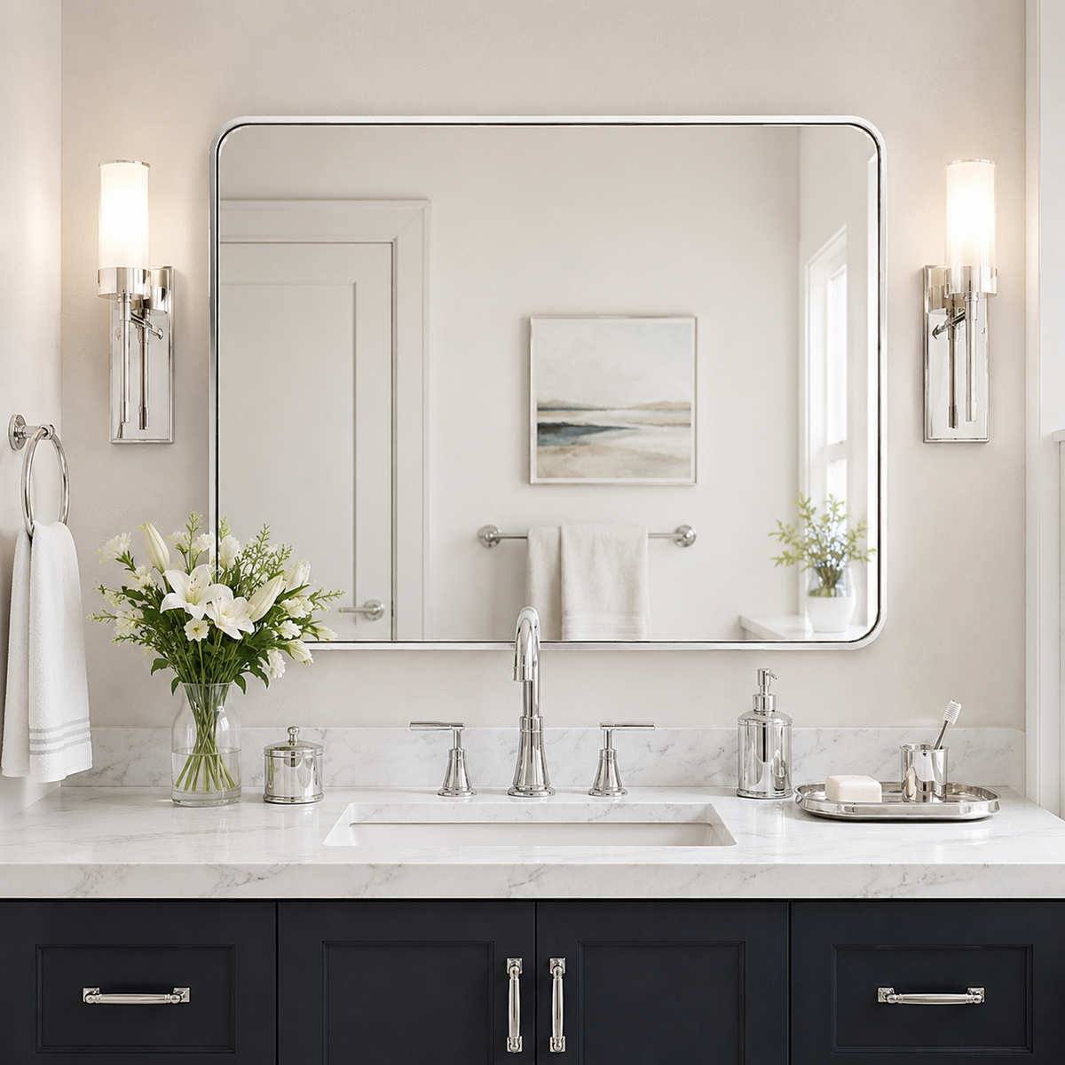 Modern Bold Framed Rectangle Wall Mirrors for Bathroom Wall| Stainless Steel Framed
