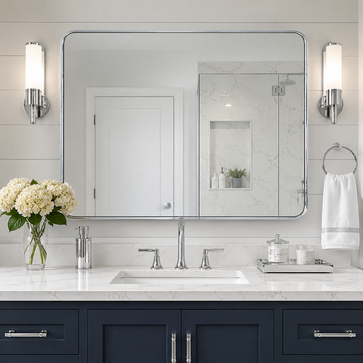 Modern Bold Framed Rectangle Wall Mirrors for Bathroom Wall| Stainless Steel Framed
