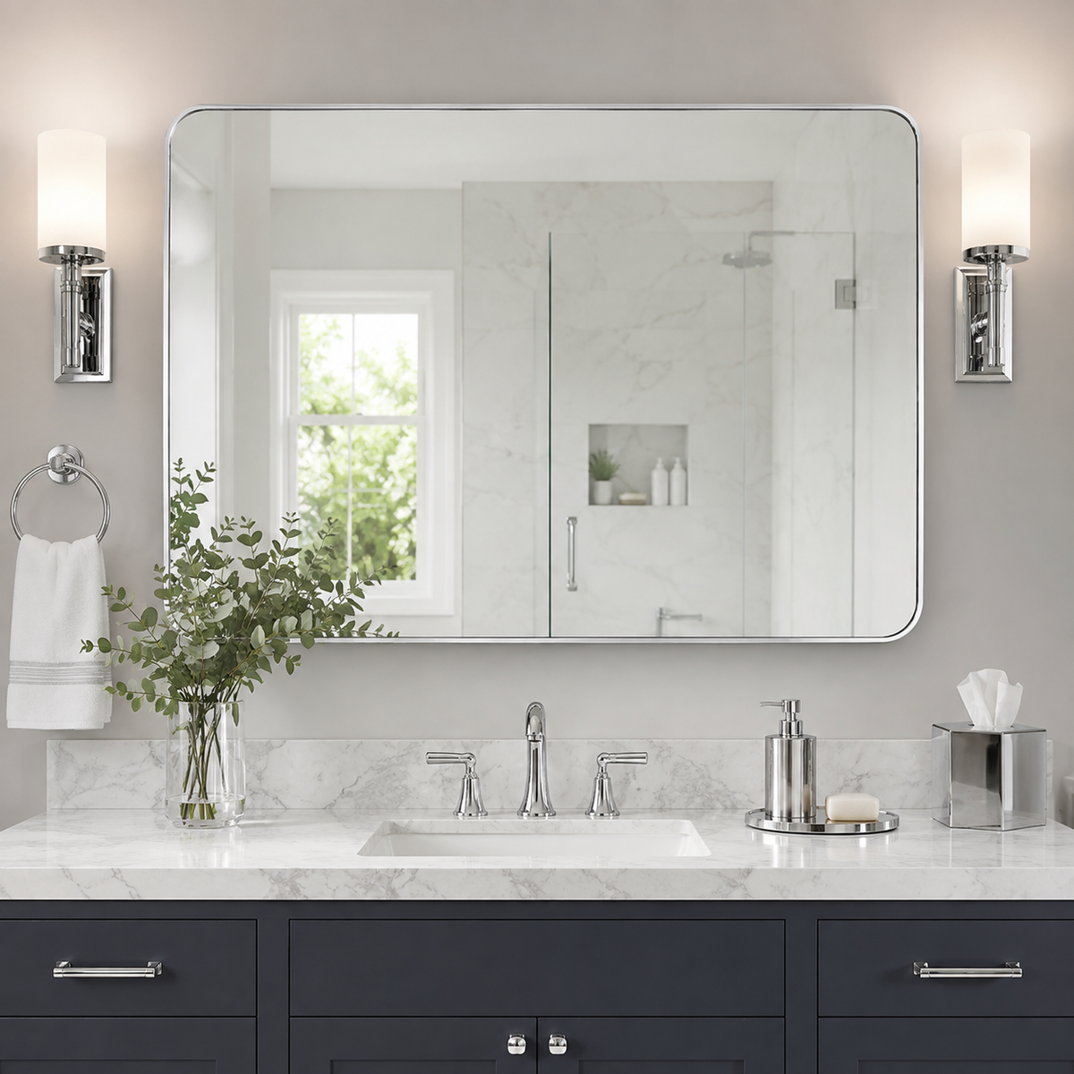 Modern Bold Framed Rectangle Wall Mirrors for Bathroom Wall| Stainless Steel Framed