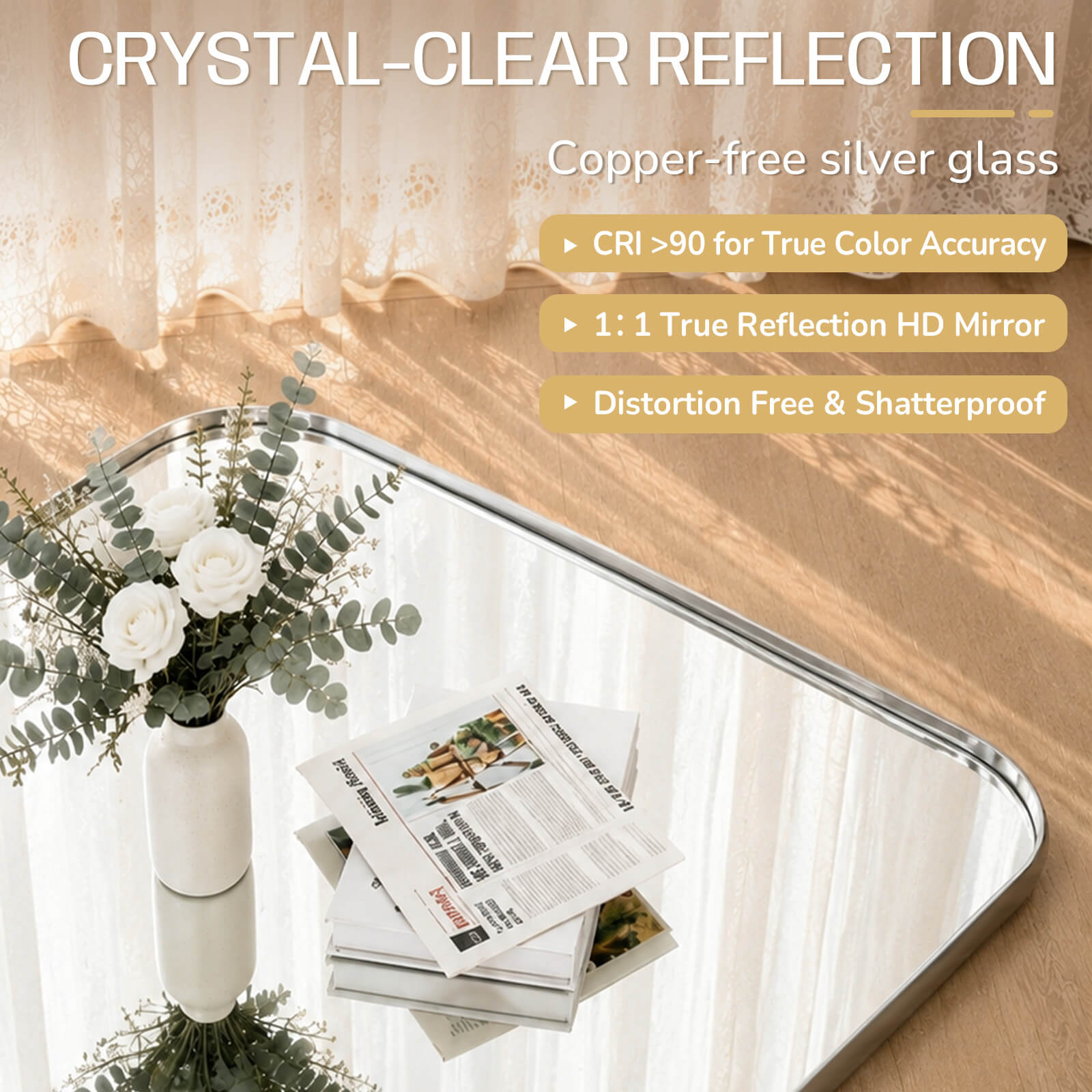 Modern Mantel Wide Arch Rectangle Bathroom Vanity Mirror | Stainless Steel Frame