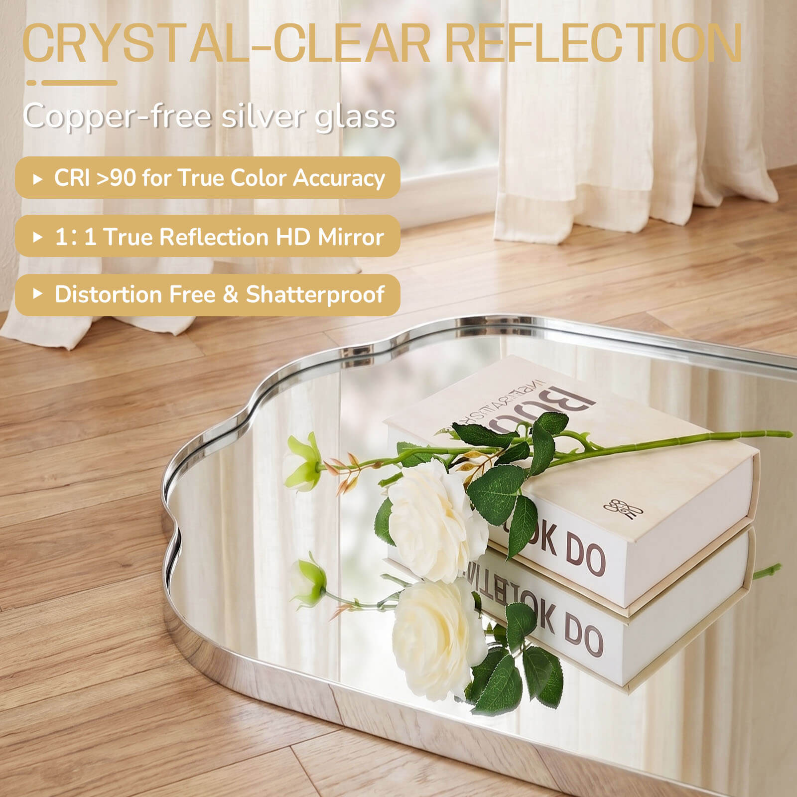 Contemporary Pill Shaped Long Oval Scalloped Bathroom Vanity Wall Mirror| Stainless Steel Framed