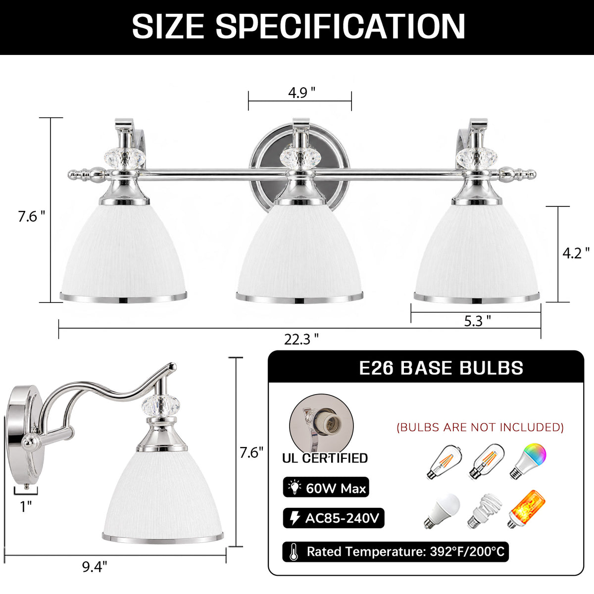 Artistical Metal Crank Frame White Frosted Trumpet Shade Bathroom Sconces