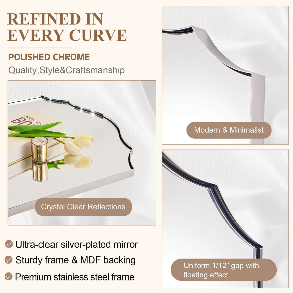 Contemporary Arched Curved Scalloped Mirror Bathroom Vanity Mirror | Stainless Steel Frame