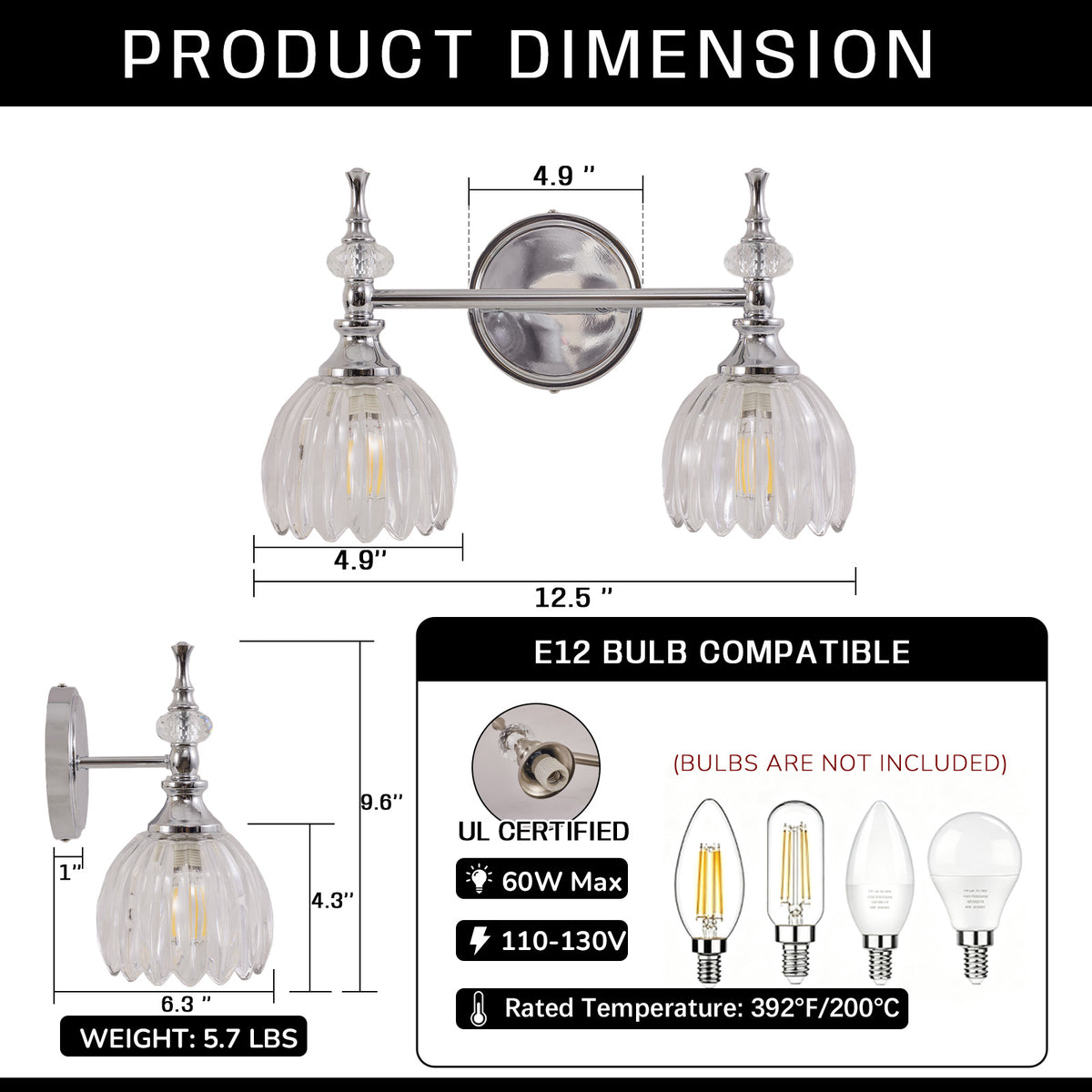 Contemporary Bathroom Vanity Light Fixtures with Tulip Glass Shade Sconces for Bath,Bedroom, Hallway