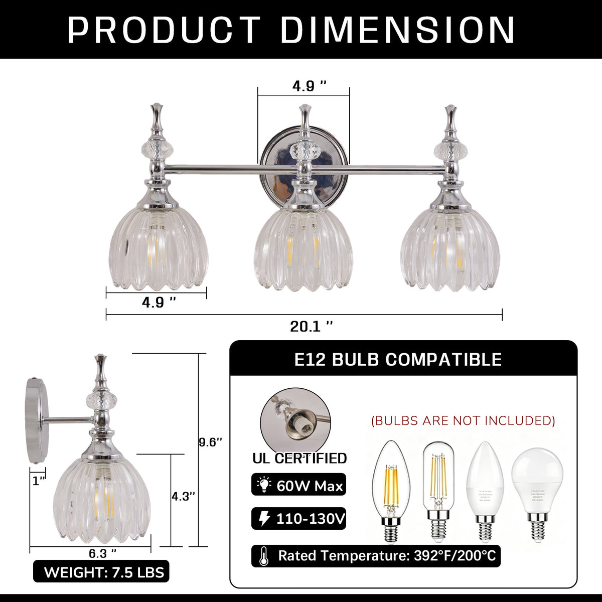 Contemporary Bathroom Vanity Light Fixtures with Tulip Glass Shade Sconces for Bath,Bedroom, Hallway