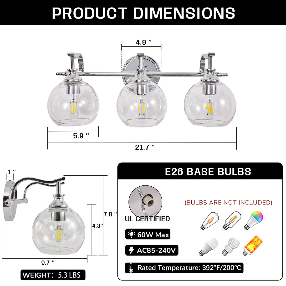Modern Clear Globe Glass Shade Metal Crank Frame Bathroom Sconces