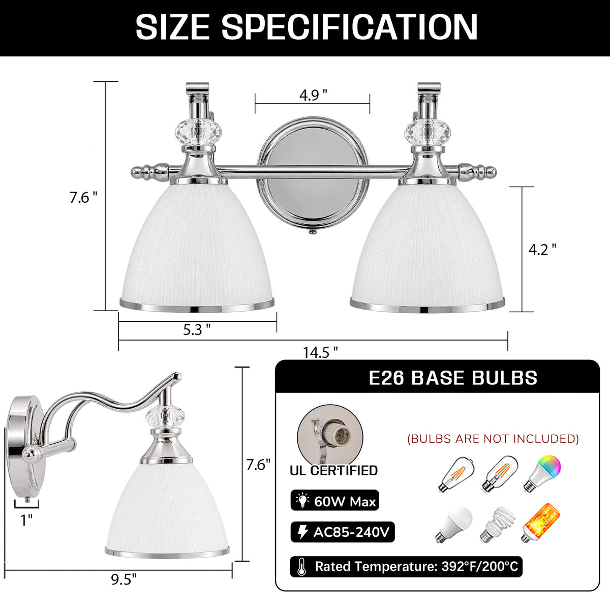 Artistical Metal Crank Frame White Frosted Trumpet Shade Bathroom Sconces