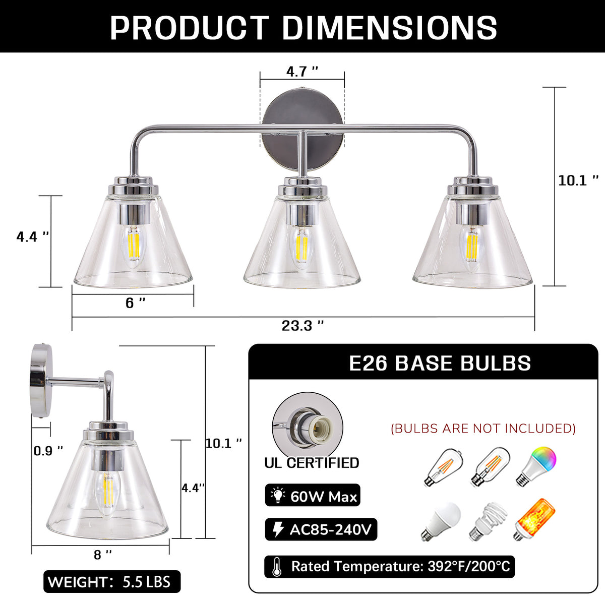 Modern Cone Clear Glass Shade Bathroom Wall Sconces