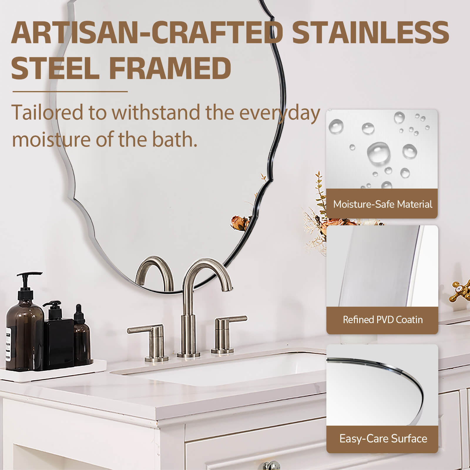 Contemporary Oval Scalloped Wall Mirror Irregular Bathroom Vanity Mirror| Stainless Steel Frame