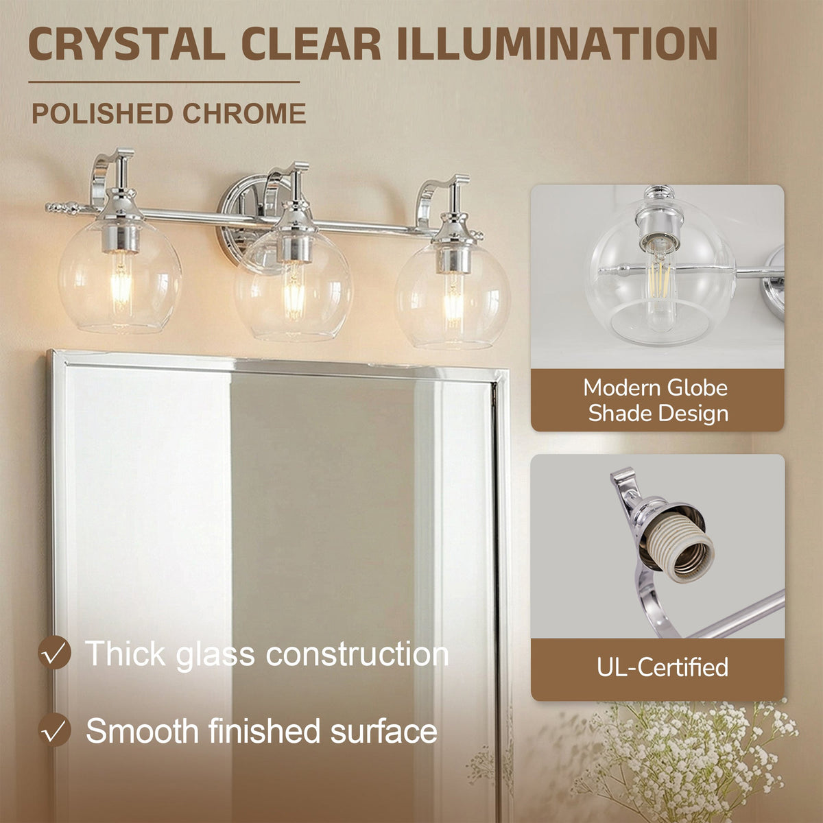 Modern Clear Globe Glass Shade Metal Crank Frame Bathroom Sconces